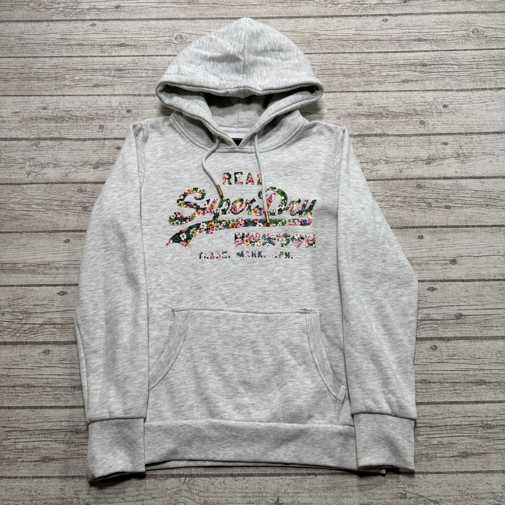 Superdry Hoodie Women's Small Gray Floral Embroidered Logo Pullover Sweatshirt